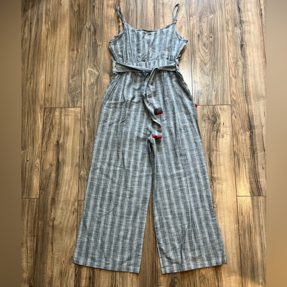 RAGA ANTHROPOLOGIE Plaid Embroidered Detail Fringe Tie Waist Wide Leg Jumpsuit M - Picture 10 of 13